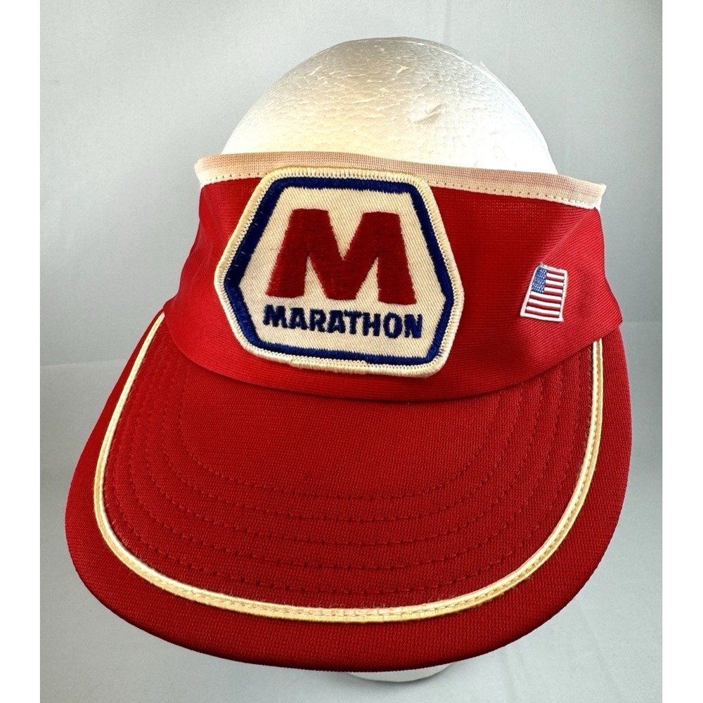Vintage 80s Marathon Gas Station Attendant Employee Snapback Visor Hat OSFA Logo